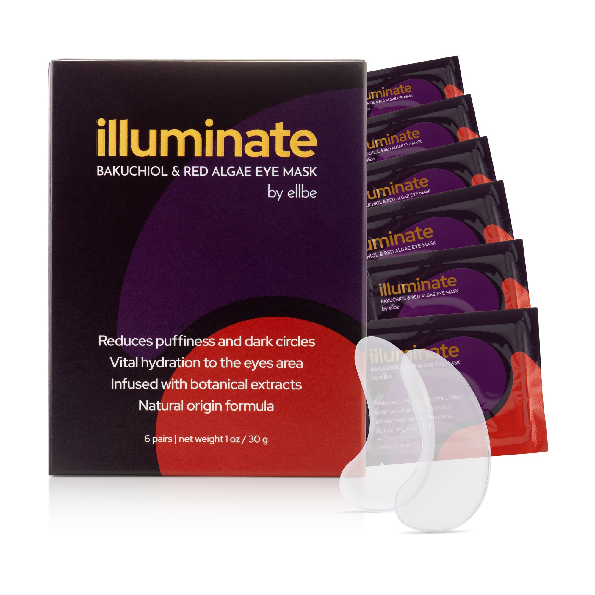 Illuminate Eye Masks Bakuchiol, Red Algae, Aloe Vera, Hyaluronic Acid, and Japanese Camellia Extract. Biodegradable. Travel friendly. Eco-friendly. 